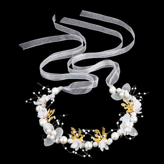 Fiyooau Flower Girl hair Accessory, White Pearl Flower Girl Headpiece with Ribbon Adjustable Floral Headband for Girls Women Wedding Birthday Party First Communion