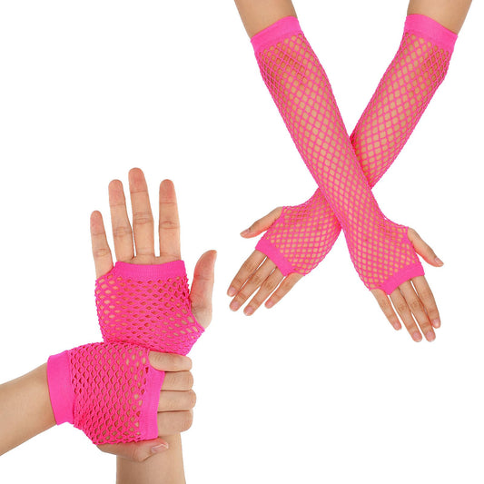 Yolev 2 Pairs Long Fingerless Fishnet Gloves Fingerless Short Fishnet Gloves Fishnet Mesh Fingerless Gloves 80s 90s Party Costume Accessories for Women and Girls (Rose Red)