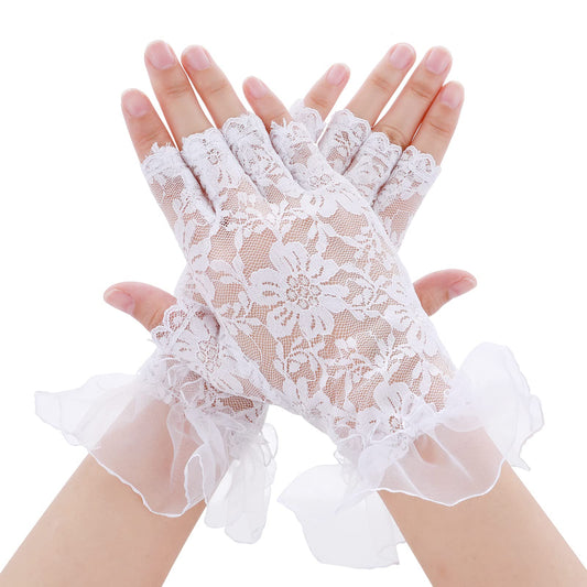 Yolev Ladies Lace Gloves Sunblock Bridal Lace Gloves Courtesy Summer Gloves for Wedding Opera Dinner Tea Parties (White)