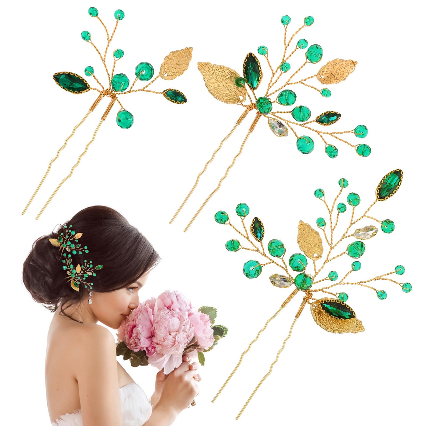 Lusofie 3Pcs Bridal Hair Pins Emerald Green Rhinestone Hair Pins Gold Flower Leaves Wedding Hair Piece Hair Accessories for Women Girls(3.54In)
