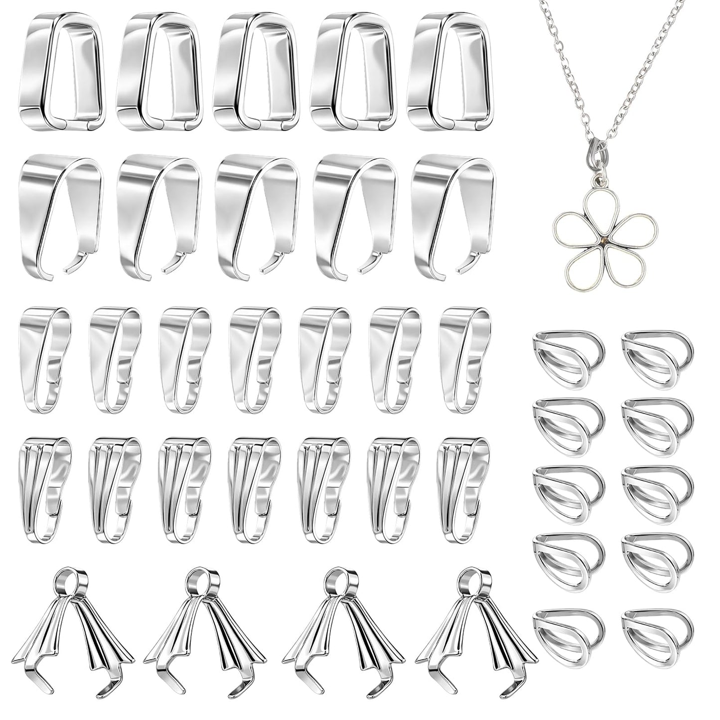 180PCS Necklace Pendant Clasp, 6 Styles Pinch Bails for Jewelry Making, Stainless Steel Ice Pick Pinch Bails Clasp Connector Findings for Necklaces, Bracelets, Pendants, Beads, Jewelry, DIY Crafts