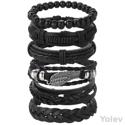 Yolev 6Pcs Punk Braided Leather Bracelets Set for Men Women Woven Cuff Wrap Vintage Bracelet Adjustable Length Woven Leather Bracelet