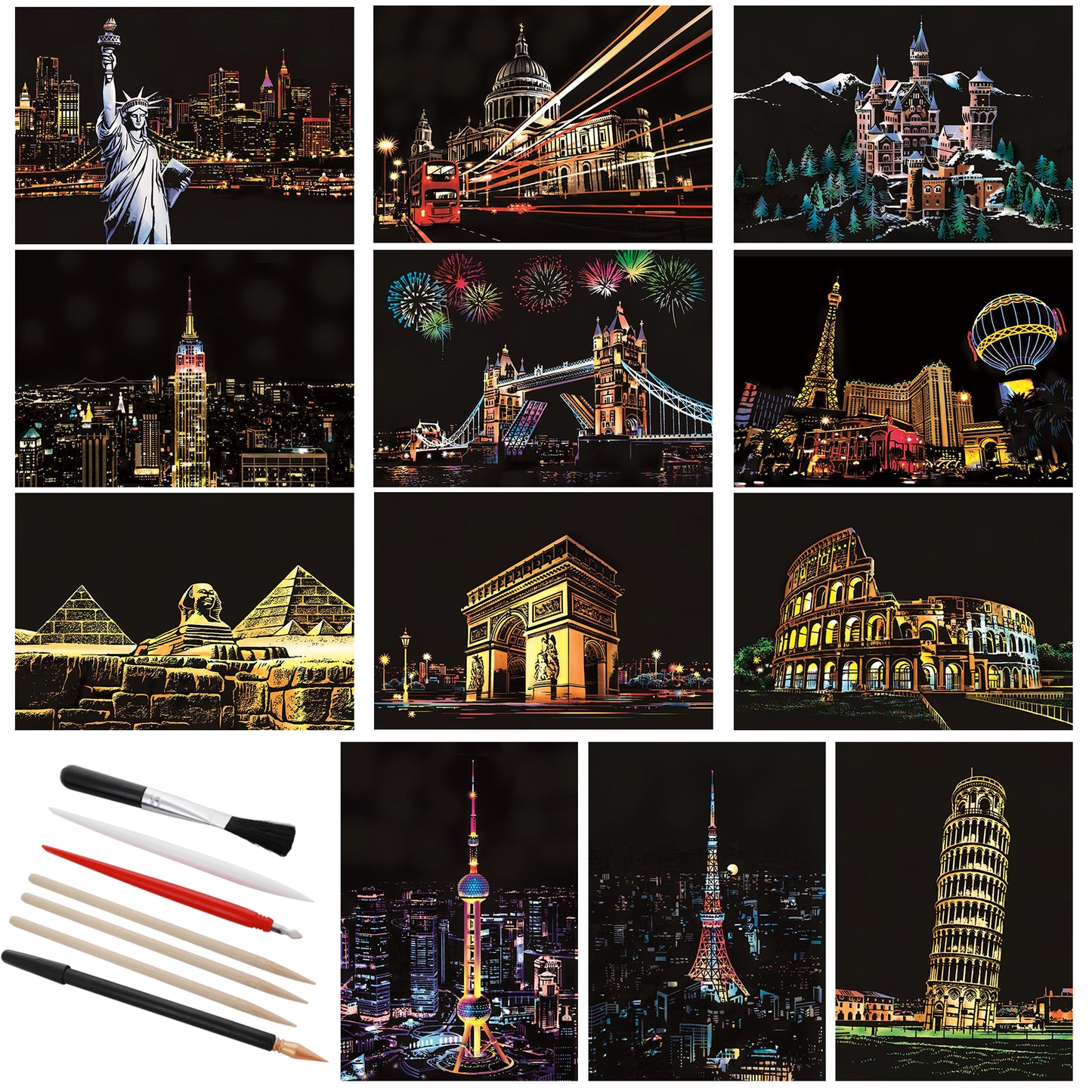 Yolev 12pcs Scratch Art Painting Adults Scratch Rainbow Painting Art Paper Scratch Painting Landmark Building Creative Gift Engraving Art & Craft Set DIY Scratchboard(A4) with 4 Tools