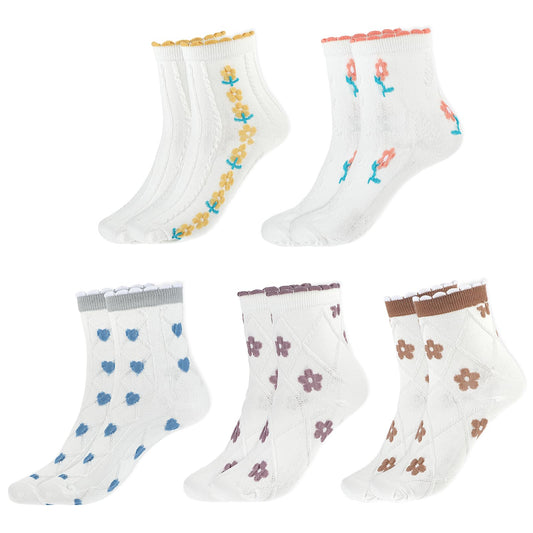 Lusofie 5 Pairs Frilly Socks Cotton Novelty Socks Cute Funny Sock Colorful Floral Frilly Ankle Socks Breathable Ruffle Socks Funny for School Casual Size 5-9