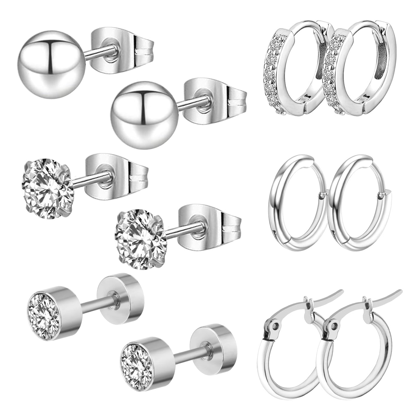 Yolev 6pcs Sterling Silver Stud Earrings for Women Girls Hypoallergenic Sleeper S925 Silver Stud Set Small Cartilage Huggie Earring Star Moon Ball Heart CZ Studs