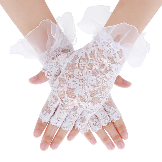 DIVINA VITAE White Short Lace Gloves Women Lace Fingerless Gloves Vintage Lace Floral Gloves Sunblock Lace Mesh Gloves Wedding Gloves for Bride