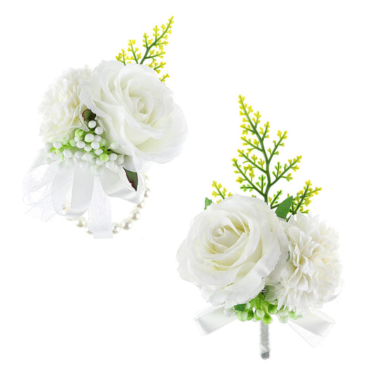 Corsage and Boutonniere Set White Boutonniere Prom Flower Wrist Corsage Bracelets for Wedding Flower Buttonhole Artificial Corsage with Pin Clip for Groom Bridal Suit Dress (white two silk flowers)