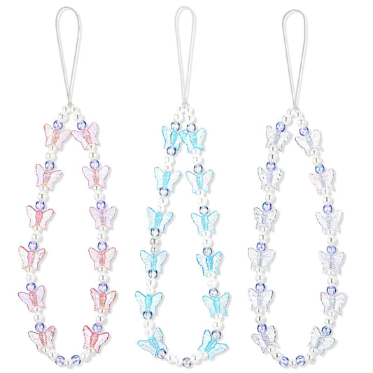 HaiFafafaing 3 pcs Butterfly Phone Charm Bracelet Strap for Women Cell Phone Wrist Strap Beaded Phone Charm Strap Aesthetic Y2K Cell Phone Lanyard for Camera, Key, Purse Decoration?Pink?Blue?White?