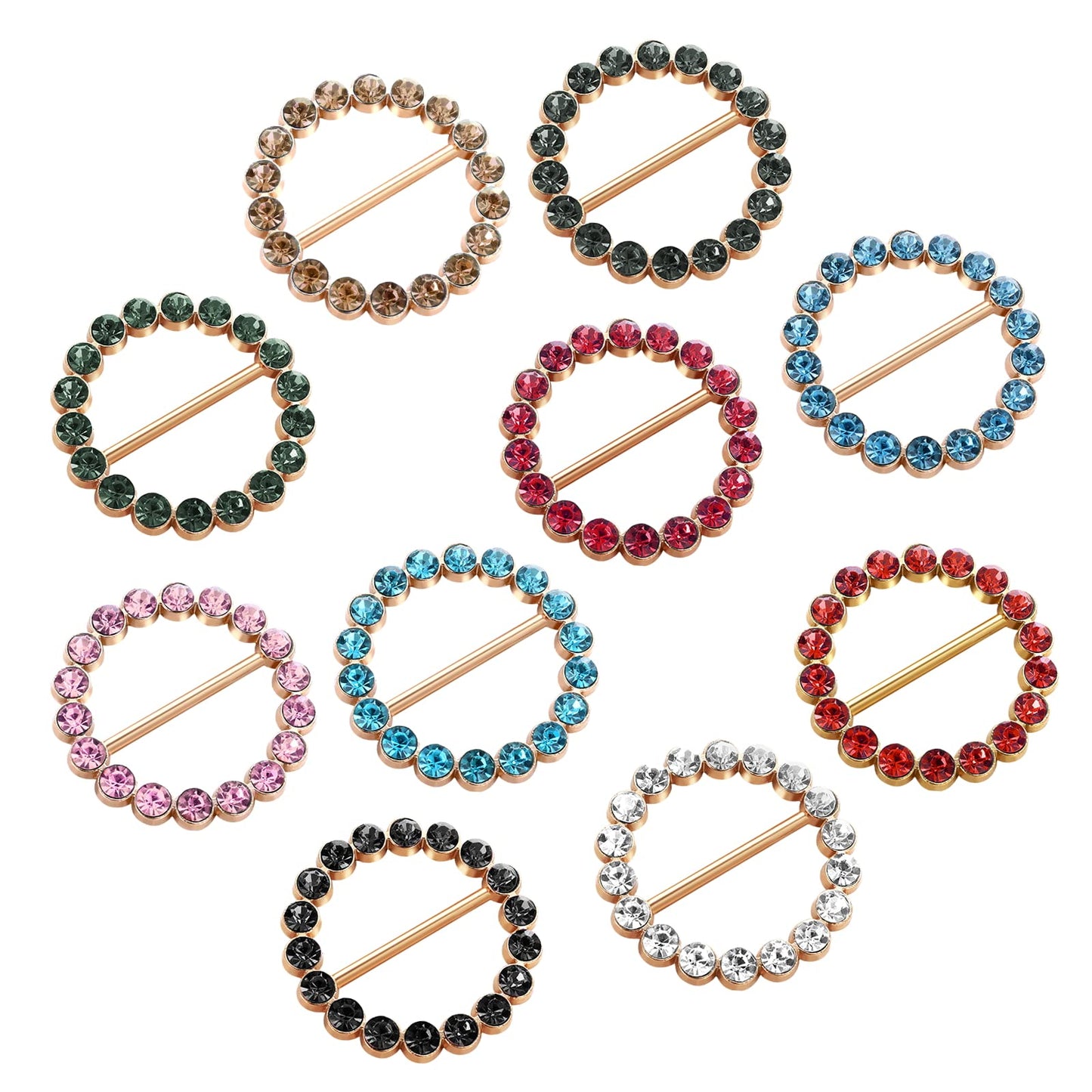 10PCS Metal T-Shirt Clips, RhinestonesSilk Scarf Ring Clip T-Shirt Tie Clips, Clothes Corner Knotted Button, Metal Round Circle Clip Buckle Clothing Ring Wrap Holder for Women Girls