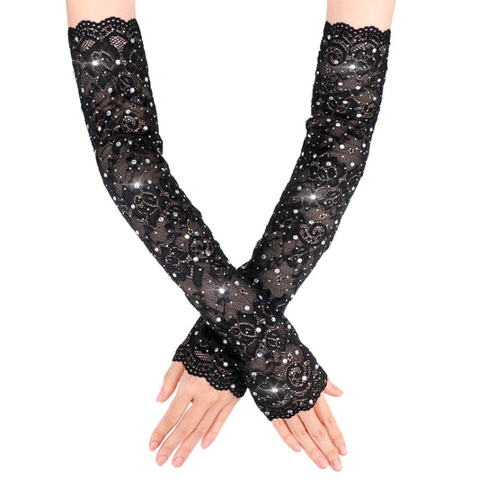 Lace Fingerless Gloves for Women Rhinestone Lace Long Gloves Elbow Length Arm Sleeve Opera Gloves Women for Halloween Wedding Prom Tea Party(Black)