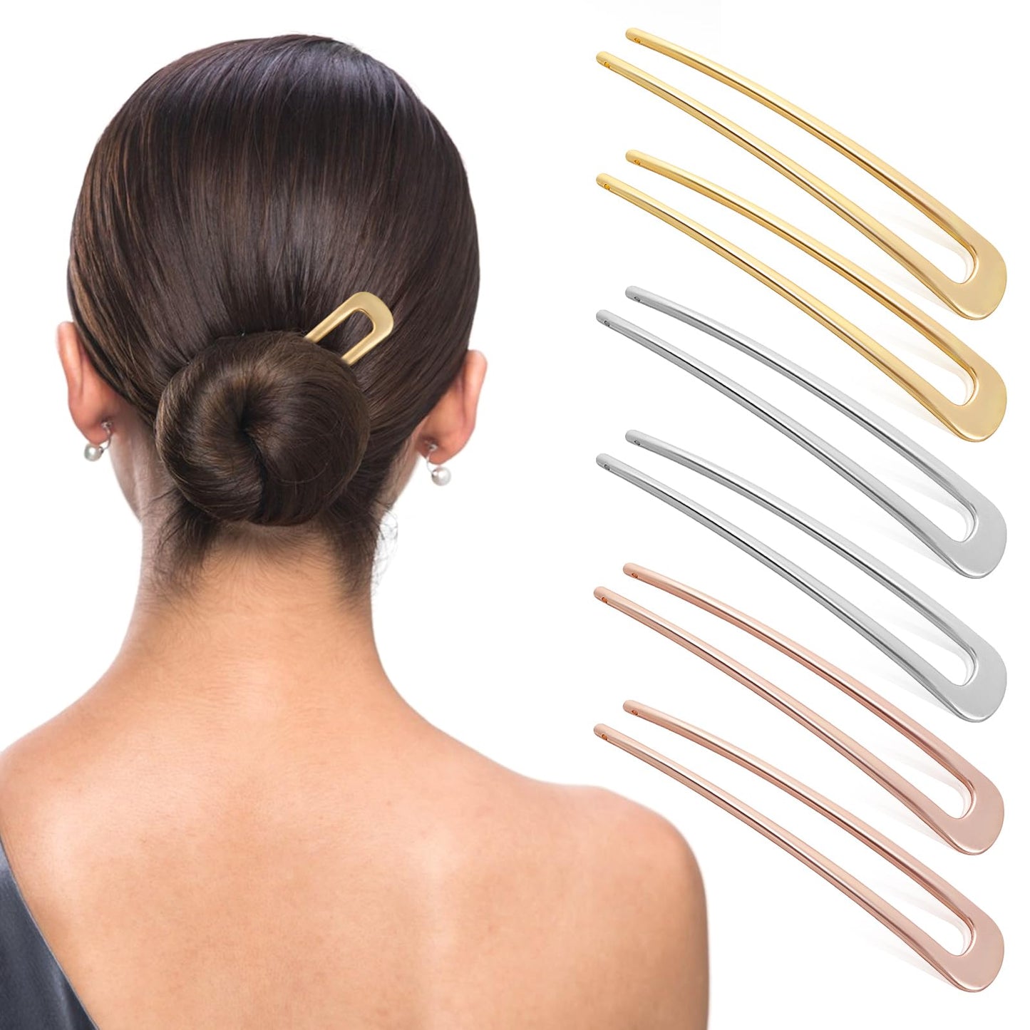 Lusofie 6Pcs Metal U Shaped Hair Pins Hair Sticks French Hair Pin Hair Fork Retro 2 Prong Updo Chignon Pins for Women Girls Hairstyle Accessories(Gold, Silver, Rose Gold)