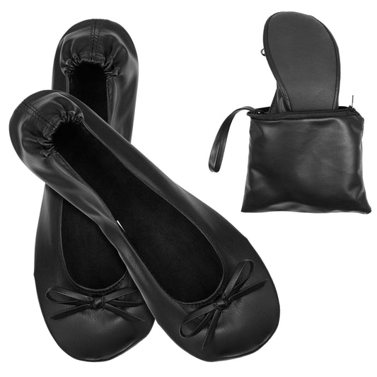 Black Foldable Flats for Women with Zipper Pouch - Size 7-10.5 Foldable Ballet Flats for Women for Travel Office Weddings (Size: 9-10.5-Black)