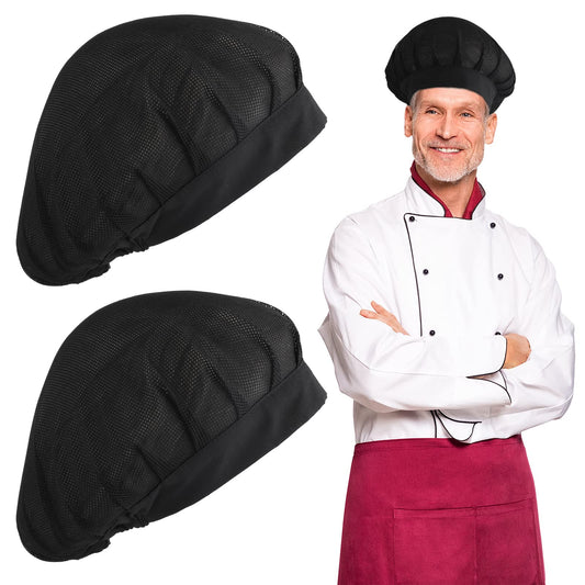 Lusofie 2Pcs Chef Hat Kitchen Cooking Chef Cap Black Adjustable Food Service Hair Nets Reusable Mesh Restaurant Beanie