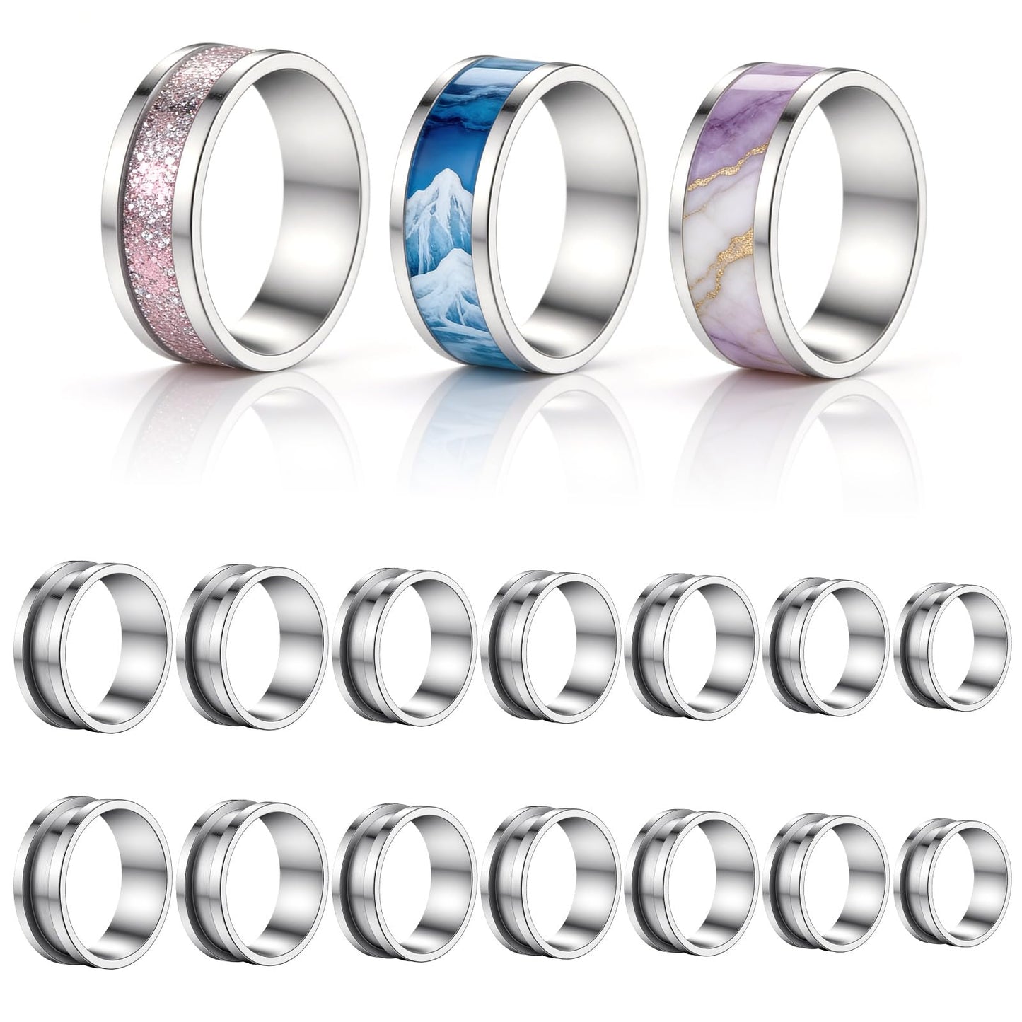 14 Pcs Ring Blanks, Stainless Steel Grooved Ring Blanks, Inlay Core Empty Rings, Sizes 6/7/8/9/10/11/12, Jewelry Making Kit Supplies