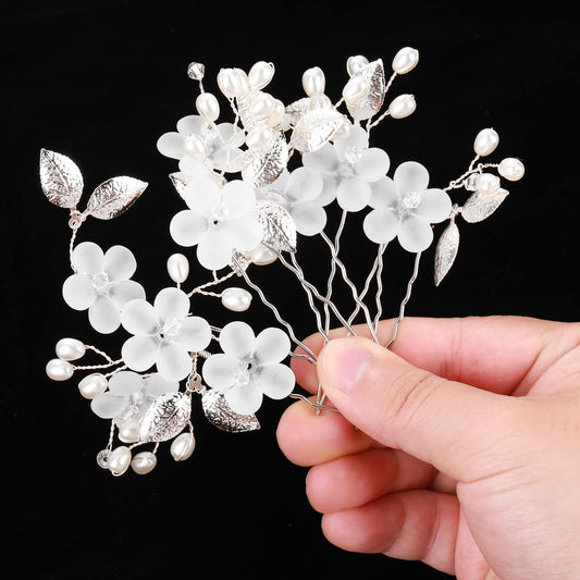 Yolev 5Pcs Flower Bridal Hair Pins Silver Flower Pearl Hair Pins White Wedding Hair Pieces Hair Flowers Bridal Wedding Hair Accessories for Women Girls(3.54In)