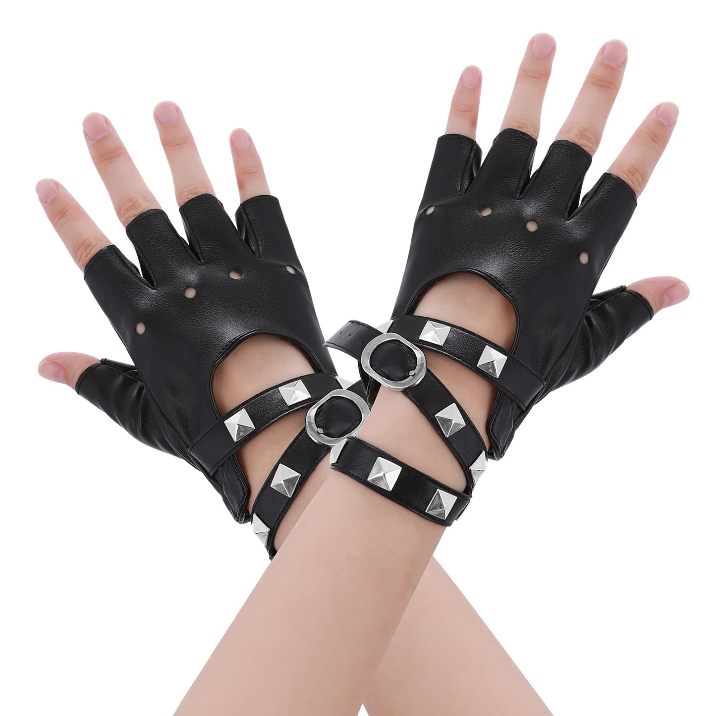 Yolev Black Leather Punk Gloves Fingerless Gloves Biker Punk Gloves with Belt Up Closure and Rivet Design for Women Teens Girls for Halloween Costume Accessories