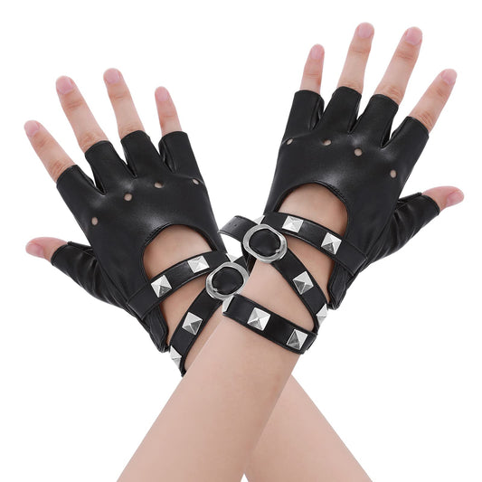 Yolev Black Leather Punk Gloves Fingerless Gloves Biker Punk Gloves with Belt Up Closure and Rivet Design for Women Teens Girls for Halloween Costume Accessories