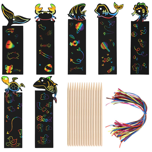 70pcs Animal Scratch Art Bookmarks, Scratch Rainbow Bookmarks Making Kit, Party Favor Scratchs Paper DIY Bookmark Bulk with Scratching Tools and Ropes for First Day of School Activities