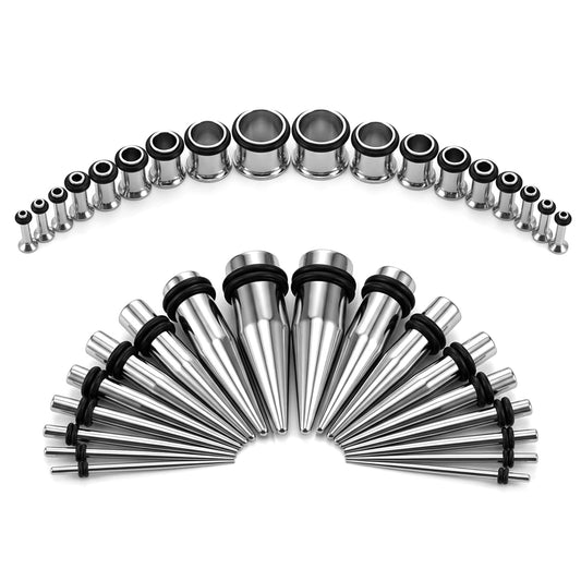 Fiyooau 36 Pcs Ear Stretching Kit 14G-00G Stainless Steel Ear Gauging Kit Tapers Single Flare Plugs Eyelets Piercing Jewelry for Women Men