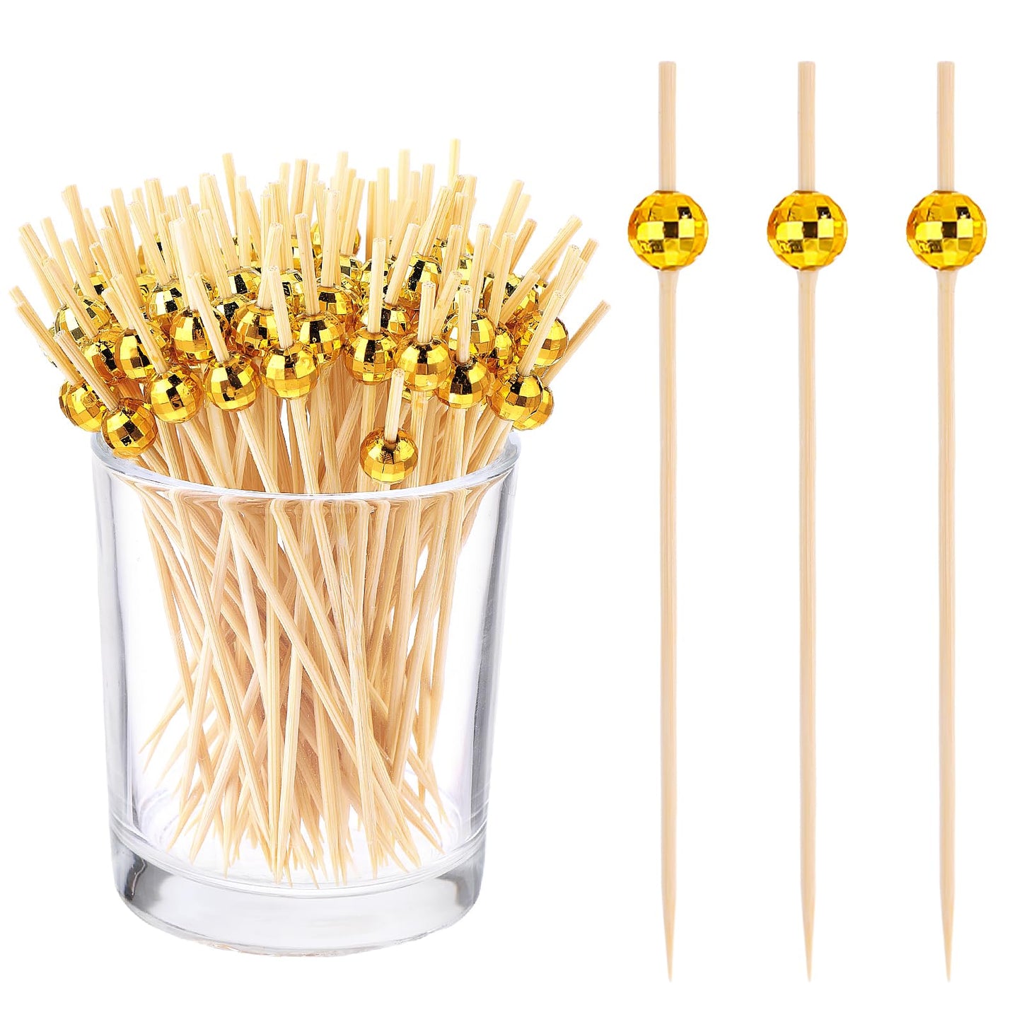 Yolev 200pcs Cocktail Picks Toothpicks for Appetizers Bamboo Golden Pearl for Appetizers, Wooden Long Cocktail Picks Disco Theme for Party Supplies (Gold)