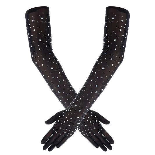 Lusofie Long Black Gloves Rhinestone Double-Sided Rhinestone Black Gloves Sparkly Glitter Fashion Mesh Opera Gloves for Halloween Costumes Party Accessories