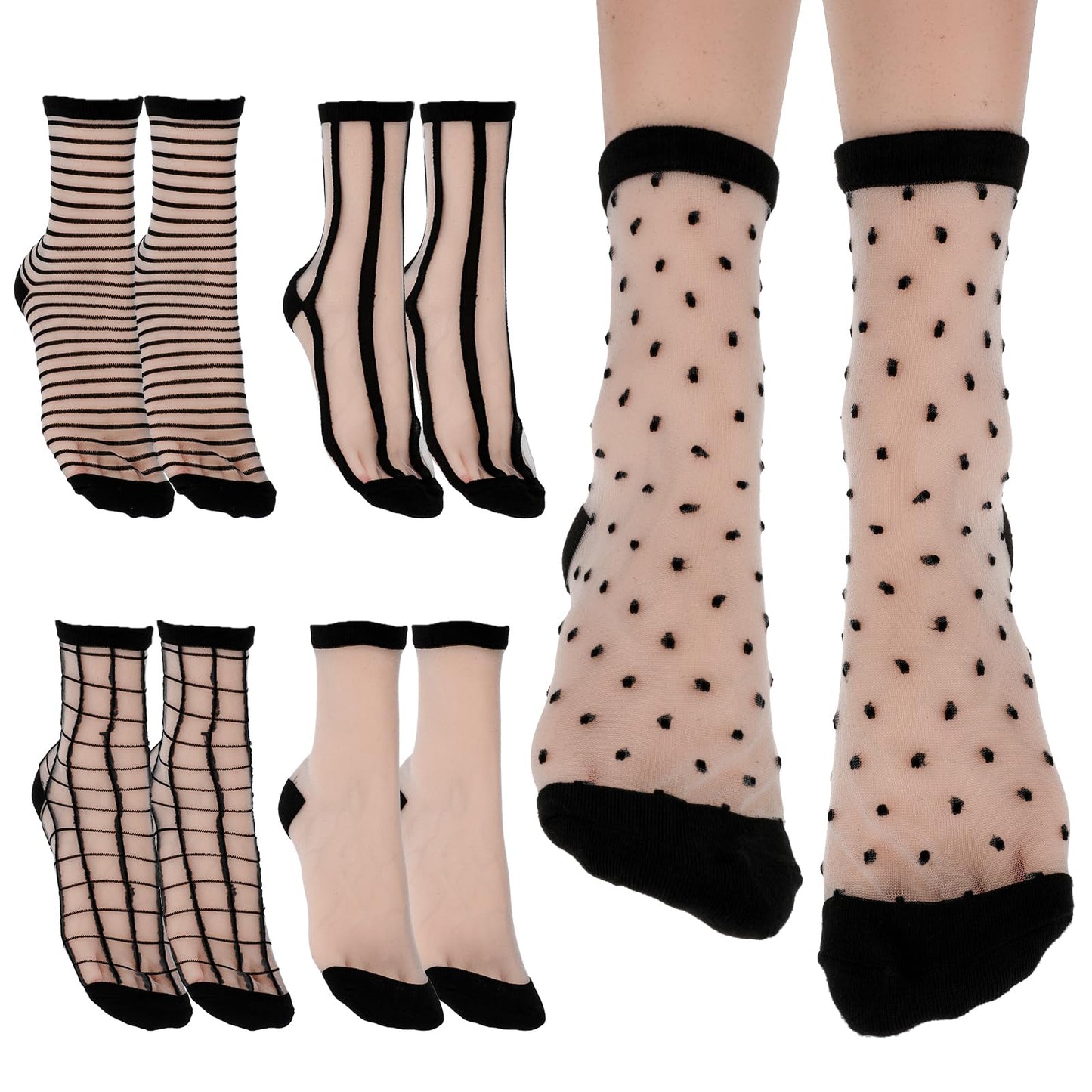 Lusofie 5Pairs Black See Through Socks Women Ankle Sheer Socks Transparent Socks Striped Plaid Dot Cute Mesh Socks for Women Girls(Style A)