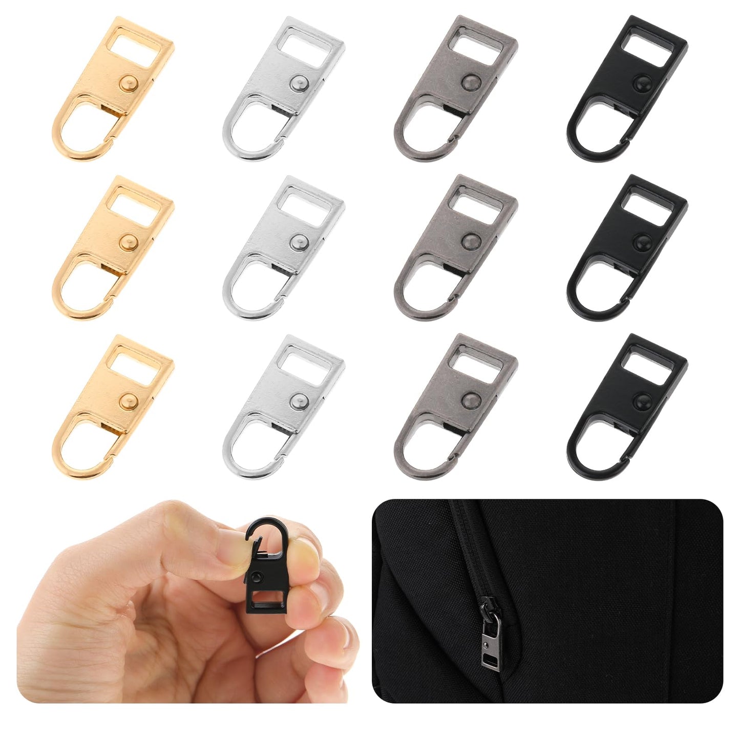 Zipper Pull Replacement, 12Pcs Zipper Pulls Detachable Metal Zipper Tabs Sliders Handle Repair Fixer for Suitcase Luggage Jacket Coat Backpack Wallet(4 Colors)