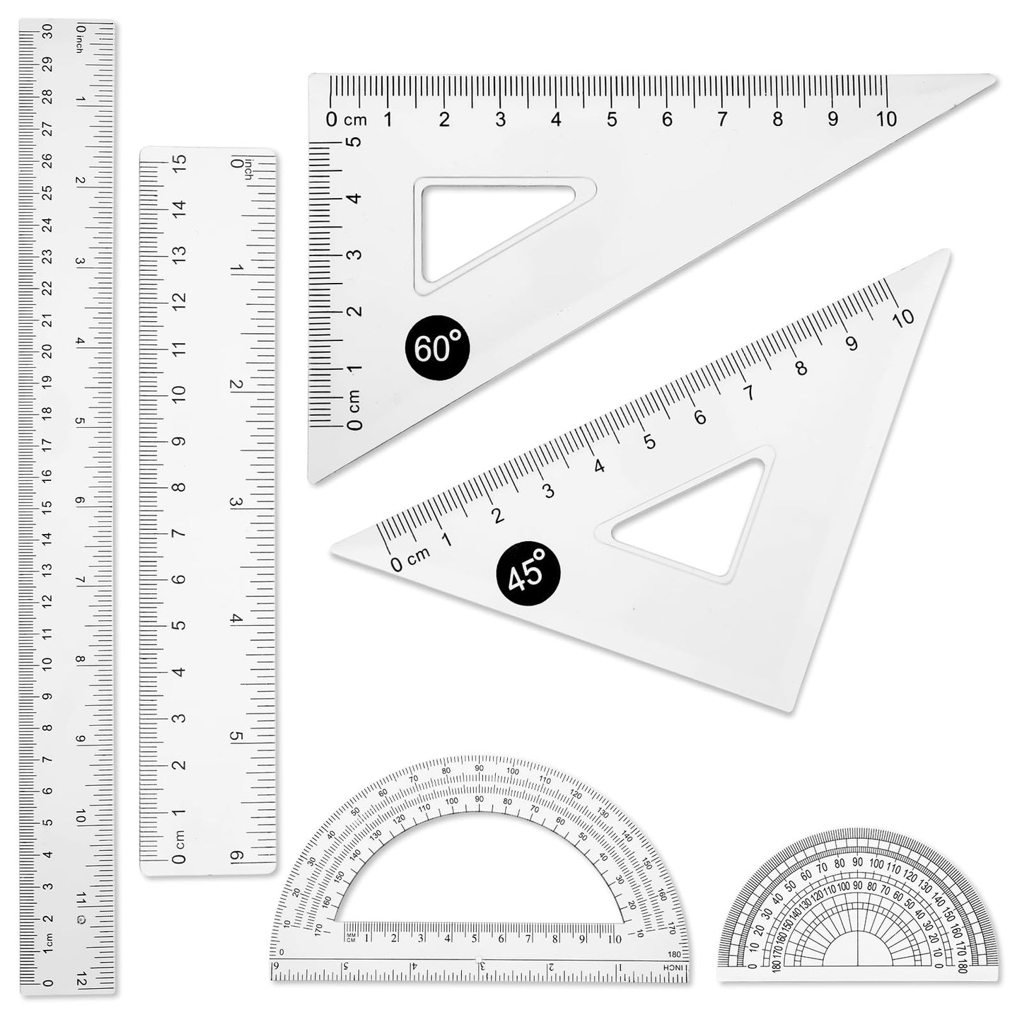 6 Pcs Clear Ruler Set Plastic Rulers Bulk for Classroom 30cm Ruler and 15cm Straight Edge Ruler 2 Triangle Ruler 2 Protractor Geometry Sets for Drawing Mathematics School