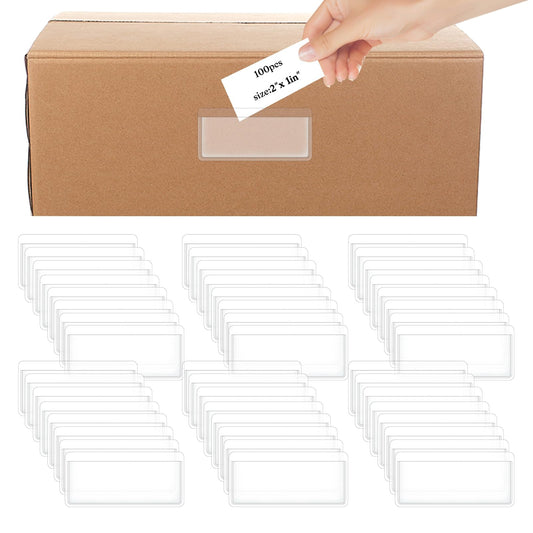 100Pcs Self Adhesive Label Holders Clear Plastic Adhesive Pockets Rectangle Index Card Labels for File Mark School Library Business Office Supplies(5.3 x 2.5 cm)
