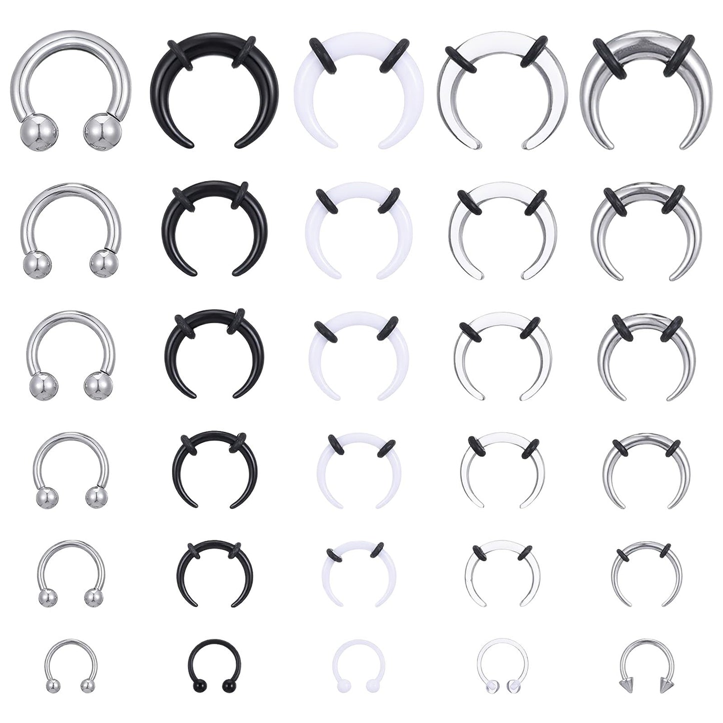 Yolev 30pcs Septum Pincher Tapers Horseshoe Septum Rings 16G 14G 12G 10G 8G 6G Acrylic Stainless Steel Septums Stretching Kit C Shape Internally Threaded Spike Horseshoe Ear Cartilage Nose Ring