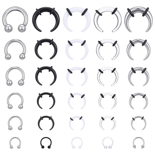 Yolev 30pcs Septum Pincher Tapers Horseshoe Septum Rings 16G 14G 12G 10G 8G 6G Acrylic Stainless Steel Septums Stretching Kit C Shape Internally Threaded Spike Horseshoe Ear Cartilage Nose Ring