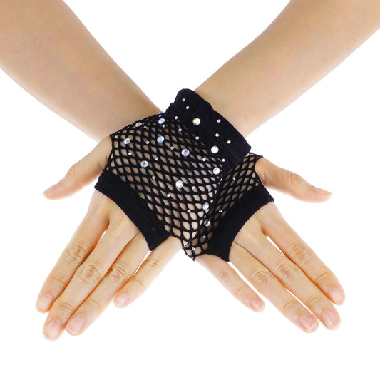 Meyeyaia Fishnet Gloves Fingerless with Rhinestones, 80s Nylon Short Fish Net Gloves for Halloween Party Cosplay Performance(black)