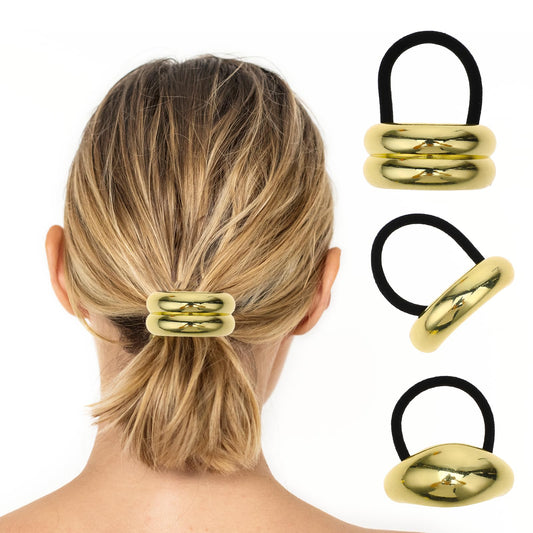 Metal Ponytails Hair Cuffs,3Pcs Gold Hair Tie,Women's Glossy Double Arch Ponytail Hair Gold Cuffs,Geometric Gold Head Wear,Retro Temperament Headband for Women Hair Accessories