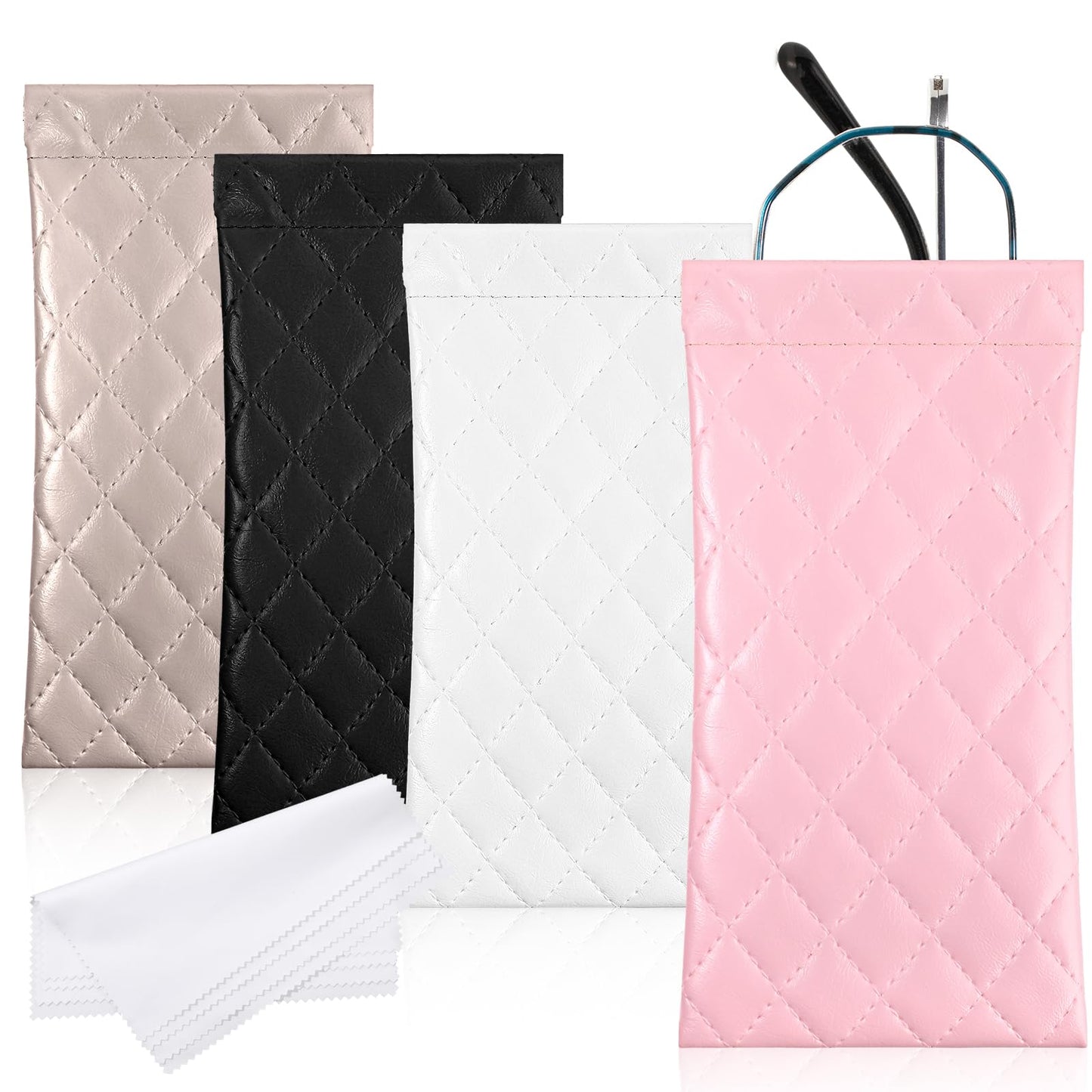 Tucnoeu 4pcs Squeeze Top Glasses Case with 4pcs Cleaning Cloth,Soft Leather Eyeglass Case,Portable Sunglass Holder Organizer,Slim Glasses Case for Women & Men