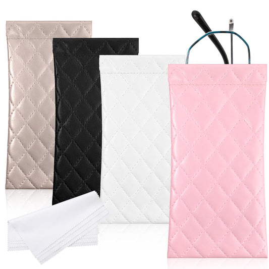 Tucnoeu 4pcs Squeeze Top Glasses Case with 4pcs Cleaning Cloth,Soft Leather Eyeglass Case,Portable Sunglass Holder Organizer,Slim Glasses Case for Women & Men