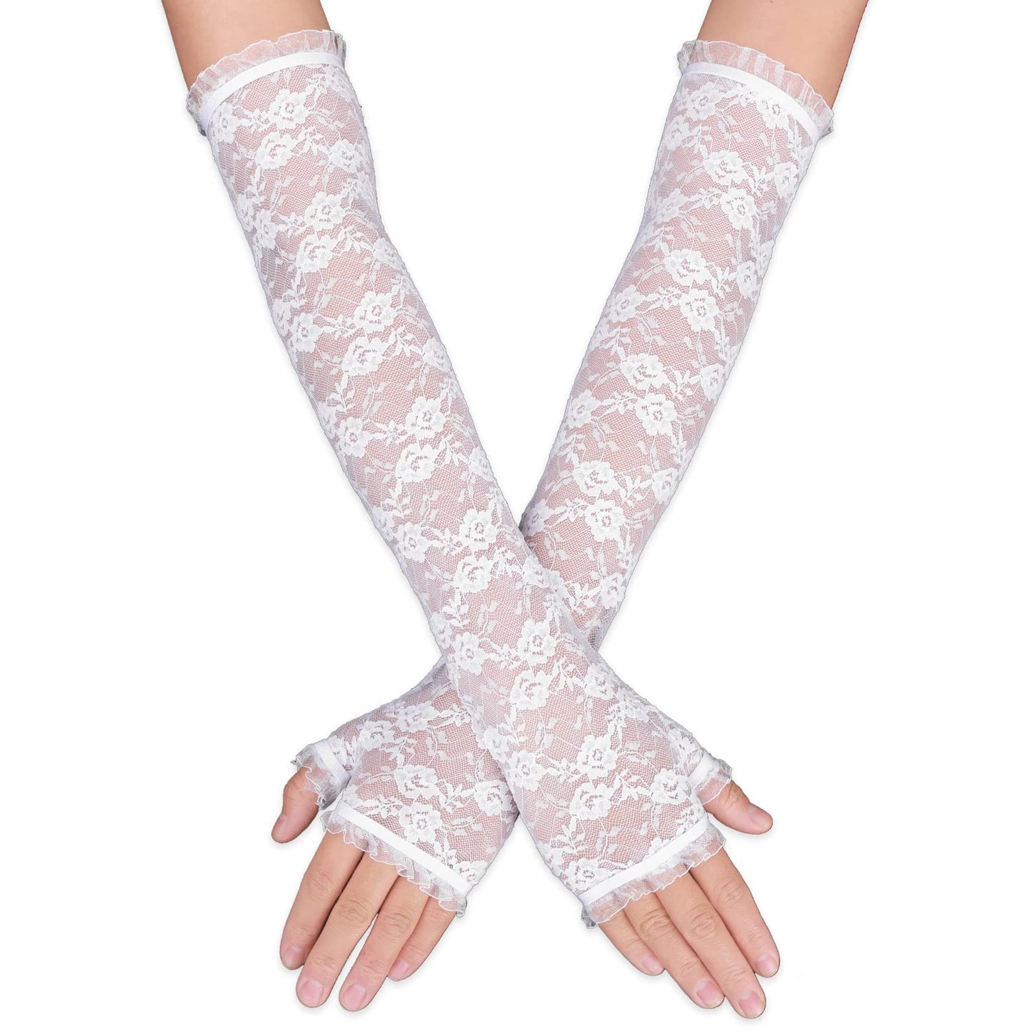 Women's Long Lace Fingerless Gloves Bridal Elbow Length Gloves Long Lace Floral Gloves for Wedding Opera Tea Party (White)