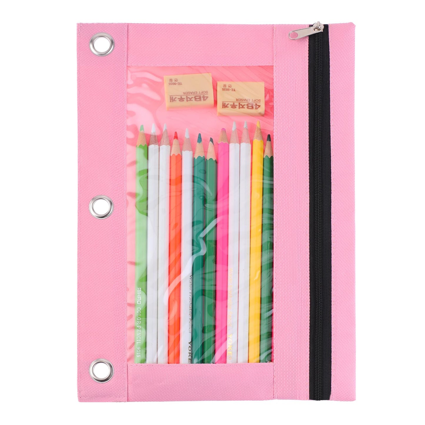 Pink Pencil Pouch for 3 Ring Binder, Pencil Bags with Zipper Clear Window Pencil Case Pouch Large Binder Pencil Pouch with 3 Reinforced Grommets Zipper Pen Pouches for Office Supplies Cosmetics
