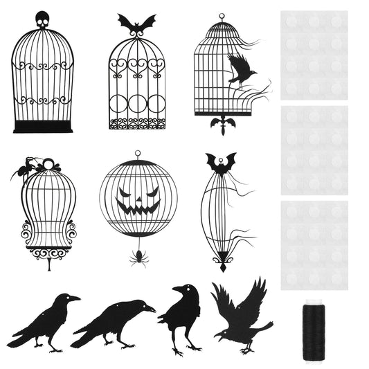 Halloween Black Crow & Cage Garland for Spooky Gothic Halloween Decorations Gothic Sticker Decals Tree Hanging Decorations Glitter Raven Bird Cage Decal Birdcage Decor for Horror Theme Birthday Party