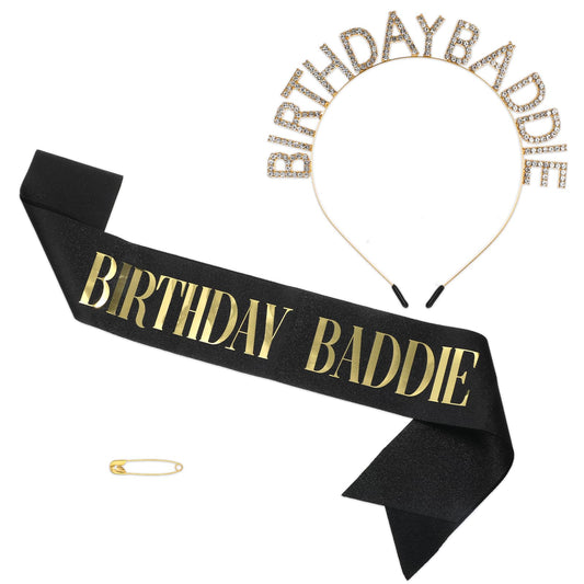 Birthday Baddie Crown and Sash Set, Black Glitter Sash with Gold Foil