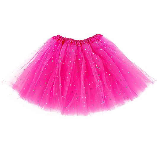 Yolev Tutu Skirts for Women Girls Adult Elastic 3 Layered Tulle Tutu Skirt with Sequin Stars Retro 80's Layered Bubble Skirt Running Skirt (Rose red)