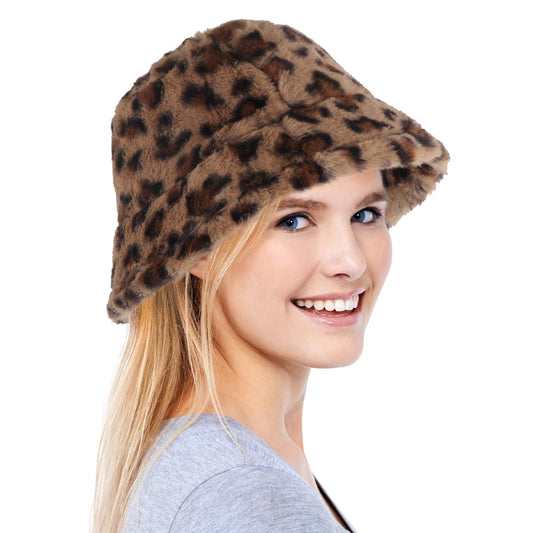 Lusofie Winter Fluffy Faux Fur Bucket Hats Furry Fuzzy Warm Hat Plush Fisherman Hat Warm Hat for Women Teens Girls (Leopard Print)