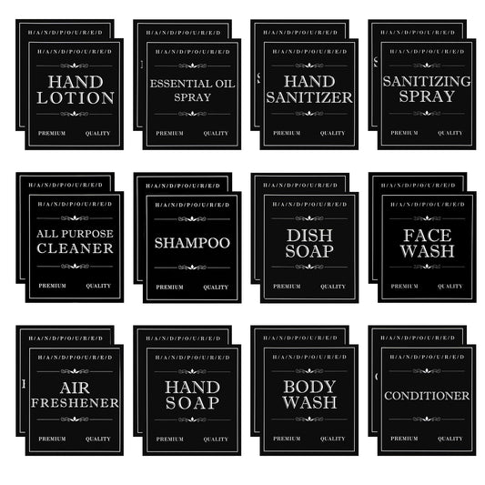 Lusofie 24 Pcs Waterproof Labels For Bottles Vintage Soap Labels Bathroom Labels For Shampoo And Conditioner Bottles Organizing.(Black)