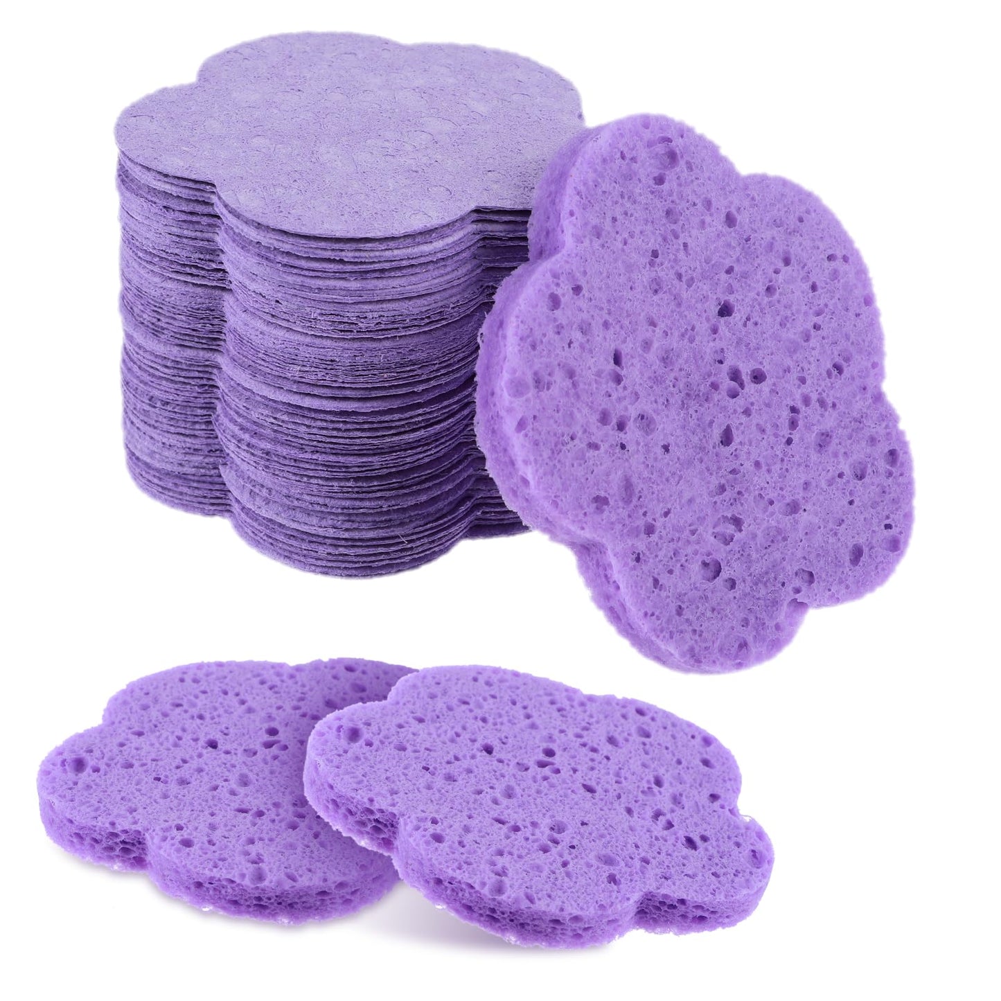 Telooco 50 Pieces Flower Shape Compressed Facial Sponges Disposable Expedient Travel Face Sponges for Cleansing Exfoliating Makeup Estheticians Spa (Purple)