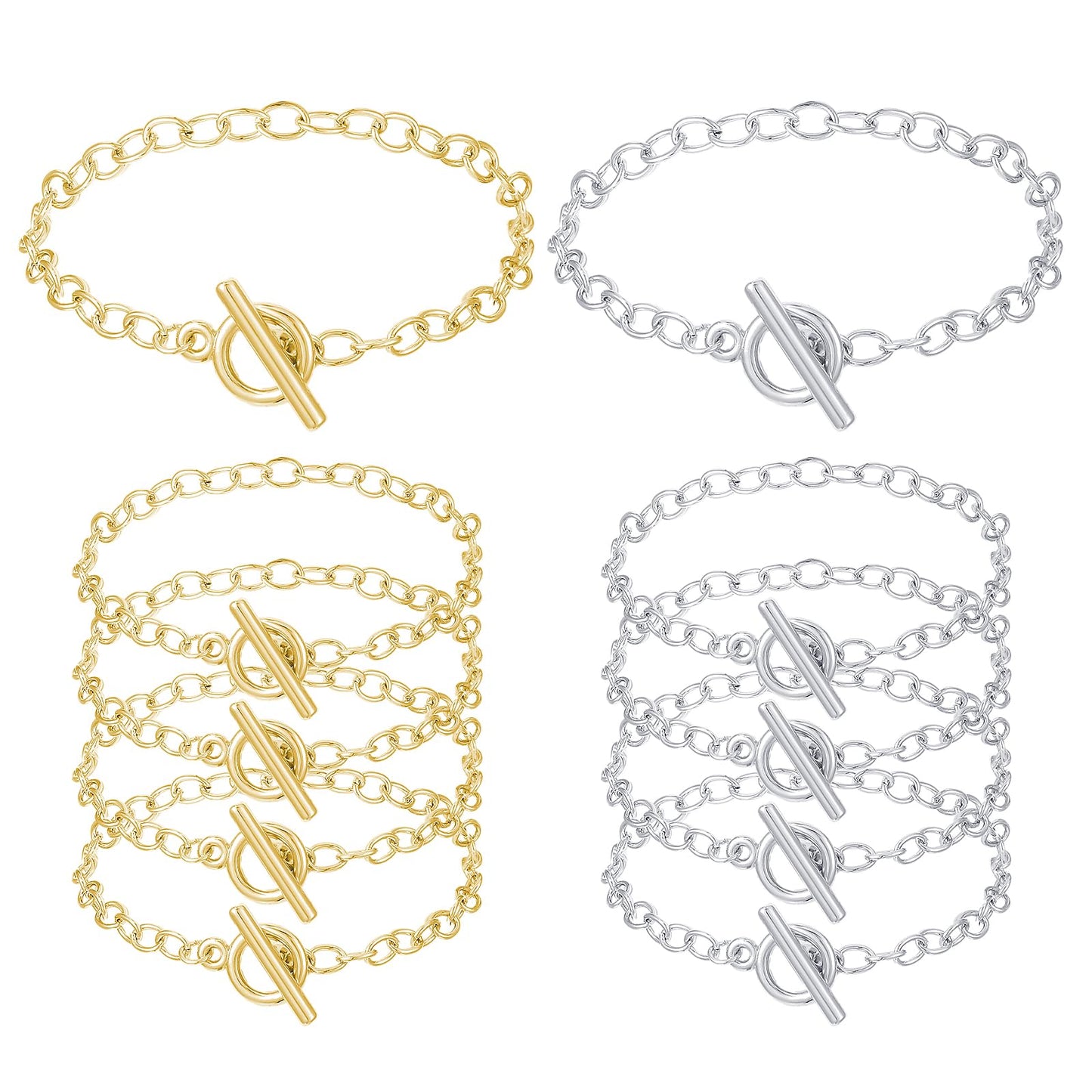 10Pack Bracelet Chains for Jewelry Making 7.6"Gold & Silver Chain for Jewelry Making with OT Buckle Link Round Link Chain Bracelet for Women DIY Gifts
