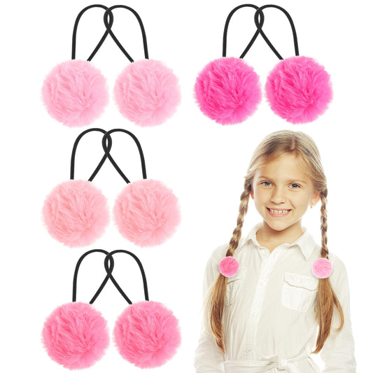 Yolev 4 pairs Pom Pom Hair Ties Fluffy Elastic Hair Ties Hair Accessories for Girls Pink Scrunchie Ball Hair Ties Bows Stretchy Nylon Hairbands