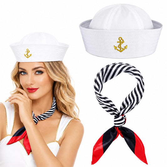 Fosaseua 2PCS Sailor Costume White Captain Hat with Sailor Scarf
