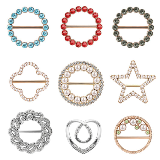 9PCS Metal T-Shirt Clips Rhinestones Scarf Clips Ring Buckle Cubic Zirconia Scarf Buckle Metal Circle Clip Buckle Clothing Ring Wrap Holder Clothes Decorative Accessories for Women Girls