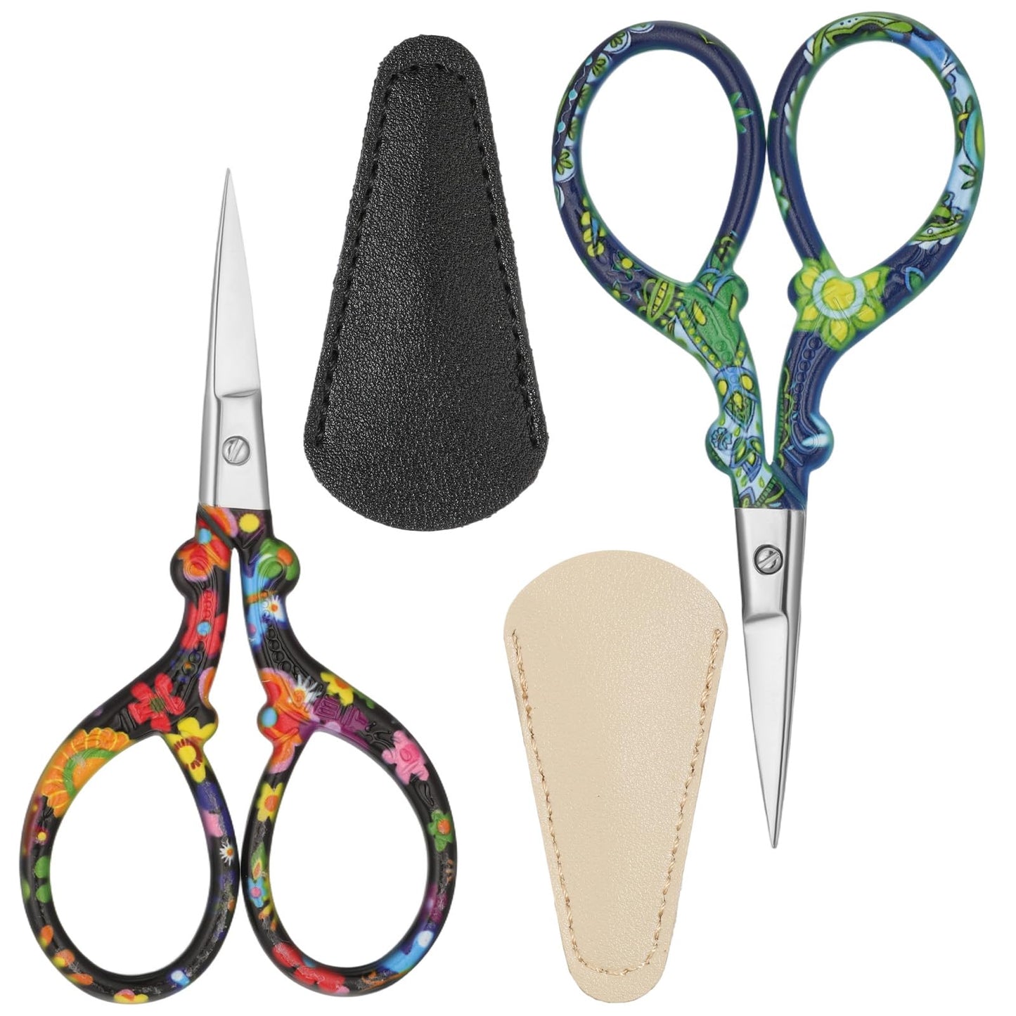 2Pcs Embroidery Crochet Scissors with PU Leather Cover, 3.58Inch Stainless Steel Small Craft Scissors Stork Shaped Yarn Applique Scissor for Needlework and DIY Crafts