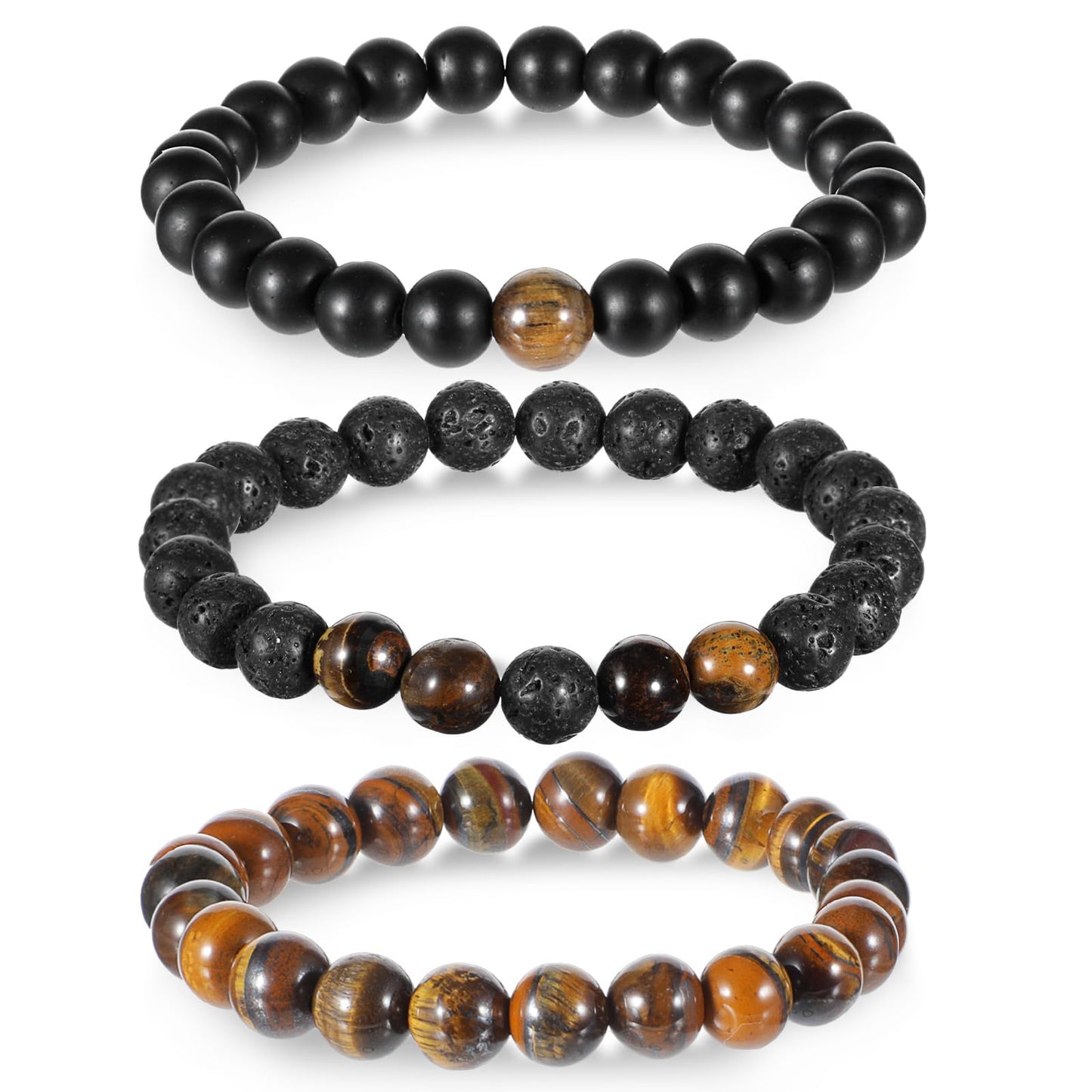 Mens Beaded Bracelets Set, 3 Pcs Natural Stone Bracelet for Men, Adjustable Stretch Tigers Eye Lava Rock Beaded Bracelet, 8mm Lightweight Beads for Daily Wear