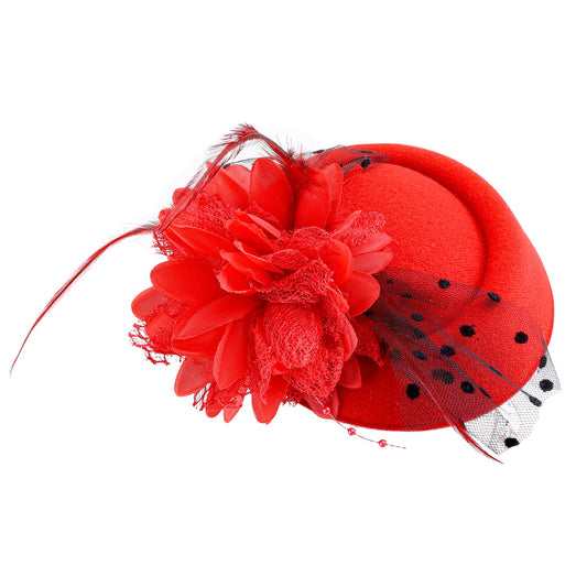 Pillbox Hat with Veil Vintage Fascinators for Women Tea Party Hats with Flower Feather Headband Tea Party Headwear for Bridal Wedding Tea Party (Red)